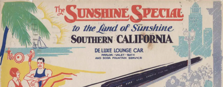 A postcard promotes a Missouri Pacific Lines train to Southern California, the "Land of Sunshine."