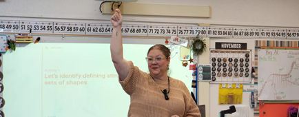 Andrea Quinn gets the attention of her classroom at the beginning of a lesson. 