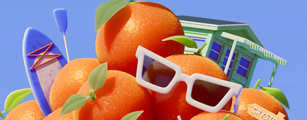 Illustration of a mountain of oranges with elements from Orange County like Crystal Cove, paddleboard, poppies Illustration of a mountain of oranges with elements from Orange County like Crystal Cove, paddleboard, poppies