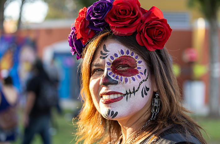 Patricia Esquivel poses in her calavera face makeup  Patricia Esquivel poses in her calavera face makeup