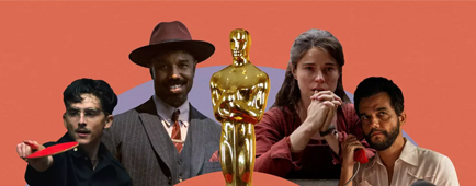 Oscar statue surrounded by images from nominated films. Oscar statue surrounded by images from nominated films.