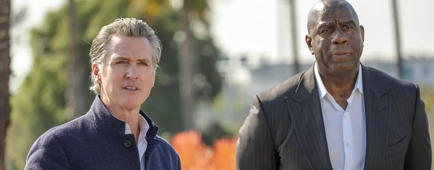 California Gov. Gavin Newsom holds a news conference at Dodger Stadium to announce a new initiative called LA Rises.