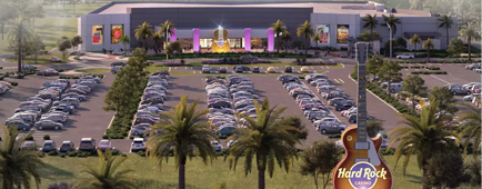 A casino with a large parking lot amid palm trees. A casino with a large parking lot amid palm trees.