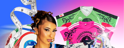 Latinos wearing re-worked soccer jerseys.