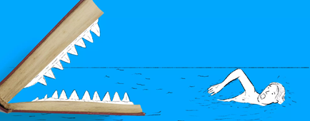 Illustration of a man swimming away from a book-shaped shark