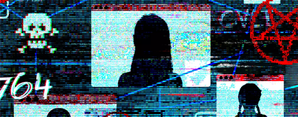 digital collage illustration of browser windows, network, skulls, pentagrams, and silhouettes of child-aged web users digital collage illustration of browser windows, network, skulls, pentagrams, and silhouettes of child-aged web users