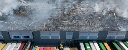 An aerial view shows the aftermath of the fire at the Kimberly-Clark paper products facility in Ontario. An aerial view shows the aftermath of the fire at the Kimberly-Clark paper products facility in Ontario.