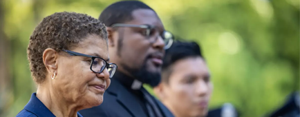Los Angeles Mayor Karen Bass at a City Hall ceremony to commemorate the first anniversary of the Eaton and Palisades fires