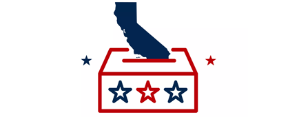 illustration of the shape of California being slid into a ballot box in blue and red